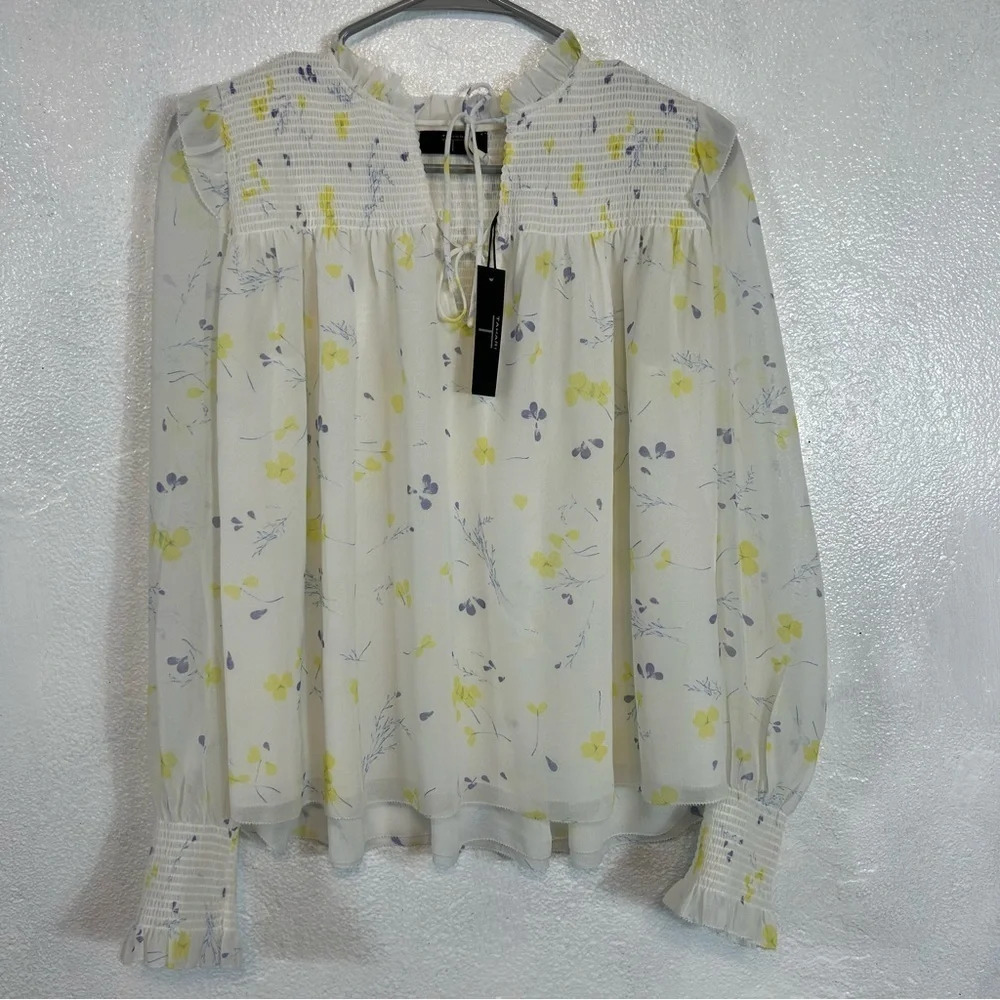 T Tahari Delicate Floral Print Ruffle Smocked Blouse NWT NEW​​